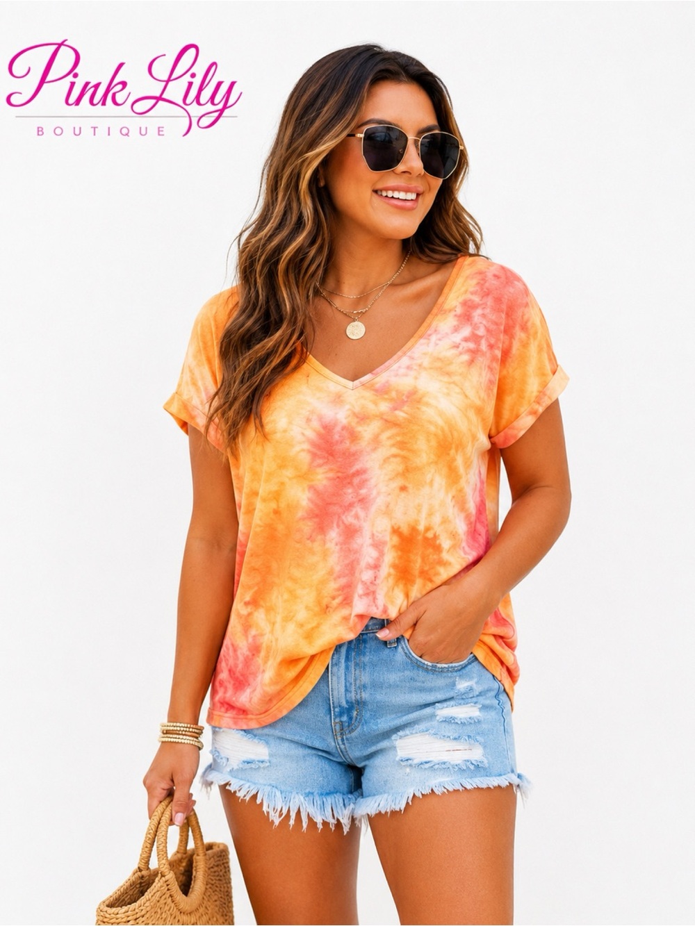 PINK LILY Orange Sunset Tie Dye T Shirt